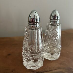 Vintage Cut Crystal Salt & Pepper Shakers Faceted Pair Pinwheel silver lids
